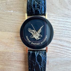 Hawaii Baptist academy black and gold tone watch NEW BATTERY